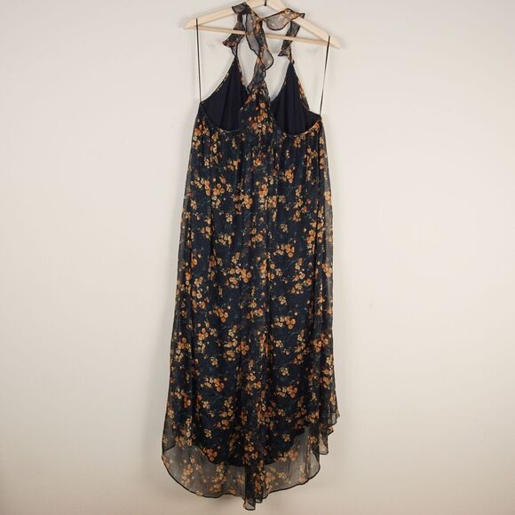 Zara Floral Print Chiffon Racer Blue Flowy Ruffle Summer Maxi Dress Sz M - Picture 3 of 14